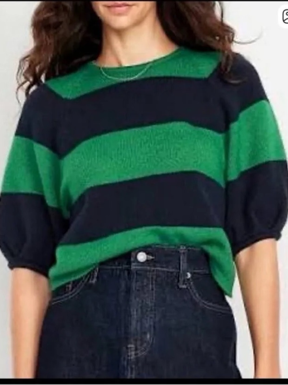 Old Navy Green & Navy Striped Puff-Sleeve Crewneck Sweater